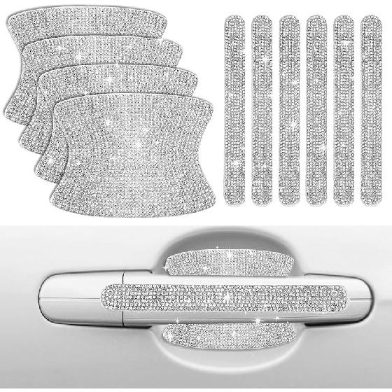 Crystal Car Door Handle Scratches Protector - 10PCS Silver Rhinestone Stickers - Bling Auto Accessories For Women