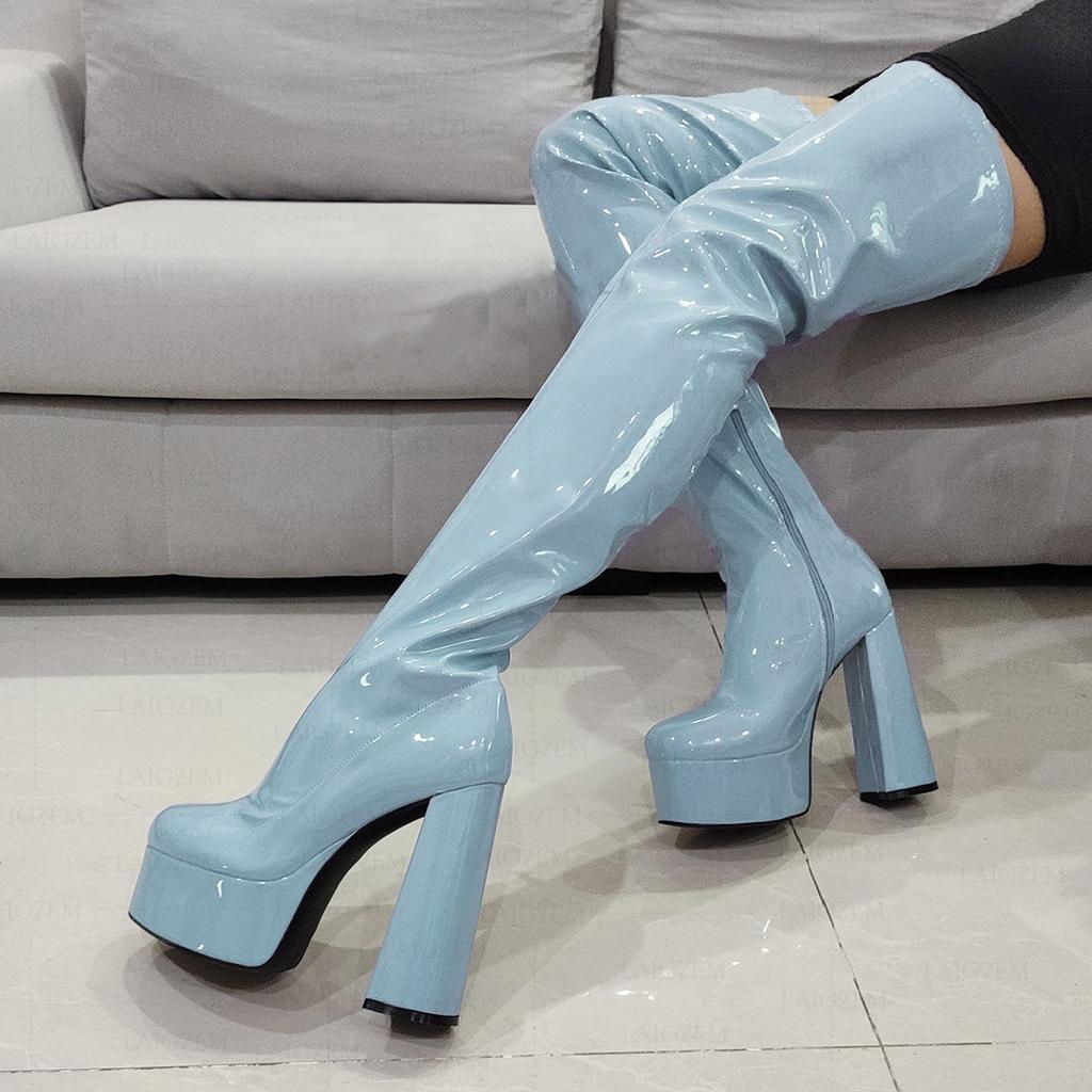Fashion new thick heel waterproof table patent leather round head high heel white knee boots large size women's boots