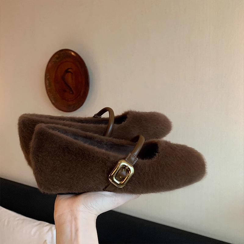 

Ballet style inner height increase with fluffy Mary Jane 2025 autumn and winter new gentle soft-soled velvet single shoes 40 темно-коричневого
