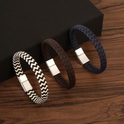 Punk Men Jewelry Black Braided Leather Bracelet Stainless Steel Clasp Bangles Gift