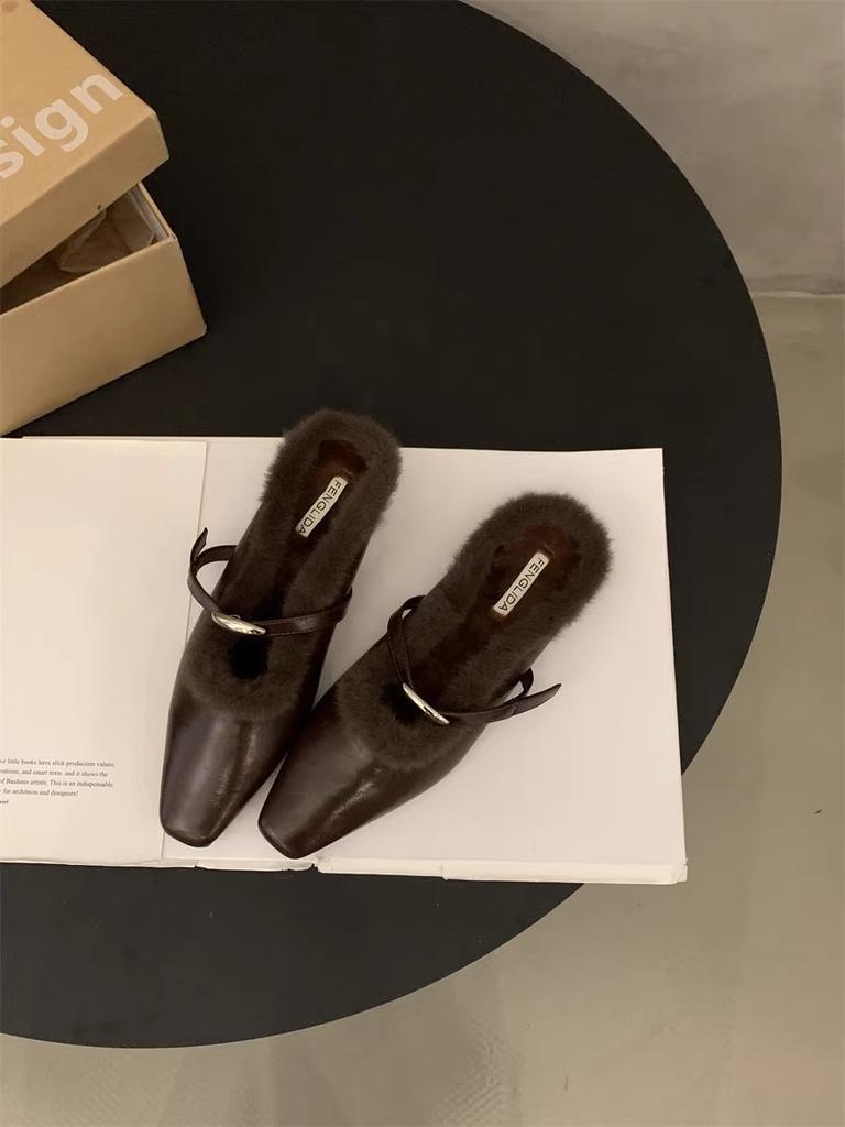 Evening Wind Gentle Velvet Bag Head Half Drag Women's Shoes Mao Mao Shoes Autumn and Winter Wear Muller Shoes One Pedal Mao Mao Drag Single Shoes