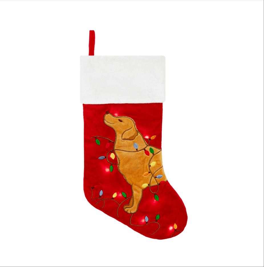 Red Christmas Stocking with Lights - Dog Candy Gift Bag for Tree or Fireplace