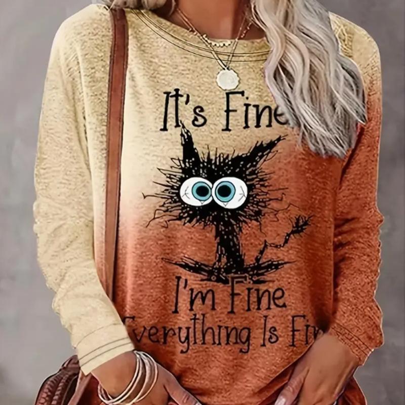 

Топи для жінок. Цікава футболка з круглим вирізом і довгим рукавом із принтом із зображенням кота. Осінній повсякденний тонкий пуловер. Жіночий топ з довгим рукавом. 8XL помаранчевий