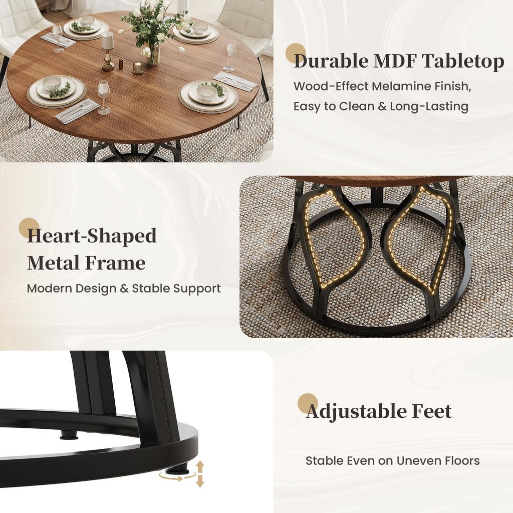 Round Dining Table 100x100x75 Cm, Kitchen Table for 4-6 People with Integrated Shelf, MDF Tabletop In Walnut Look, Modern Metal Frame, Space-saving.