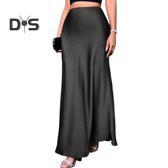 Women Fishtail Skirt High Waist Solid Color Smooth Surface A-Line Maxi Skirt Work Leisure Daily Wear
