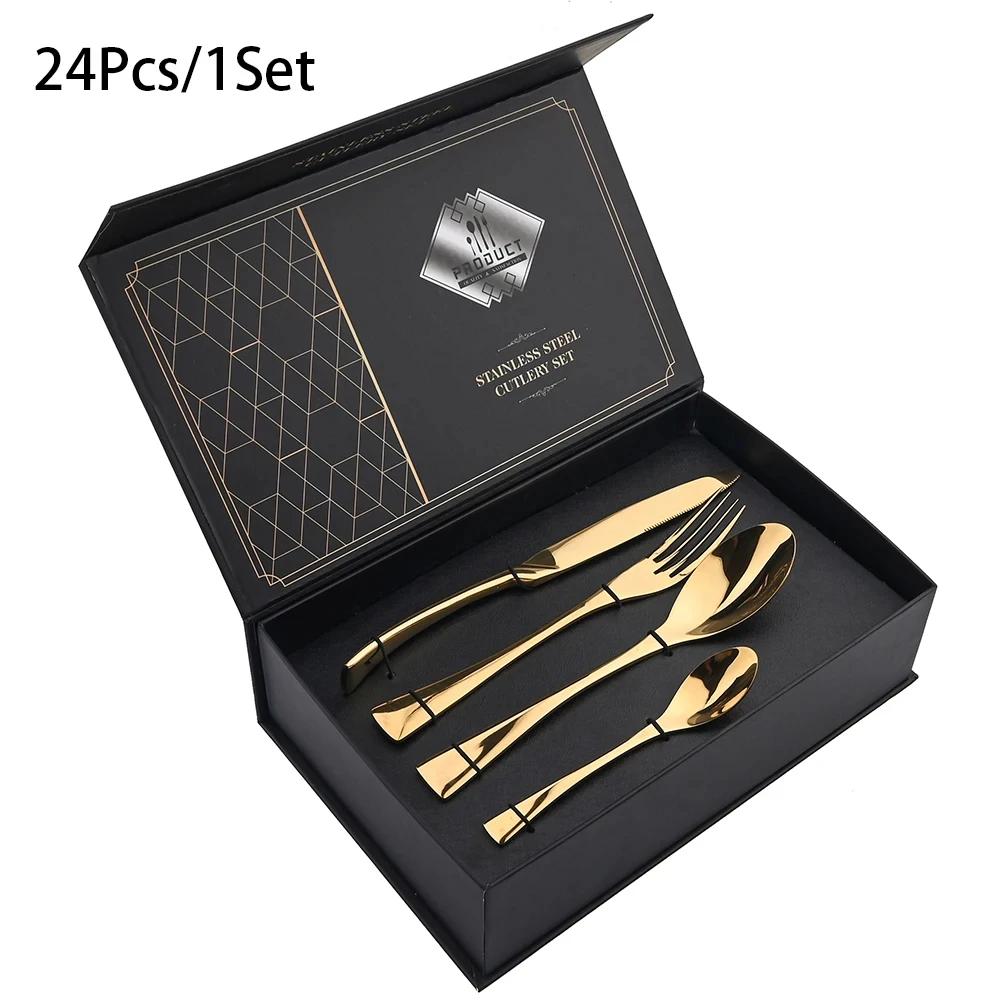 24Pcs/Set Cutlery Sets 304 Stainless Steel Mirror Tableware Knife Forks Spoons Silverware Dinnerware Kitchen Flatware Gift Box