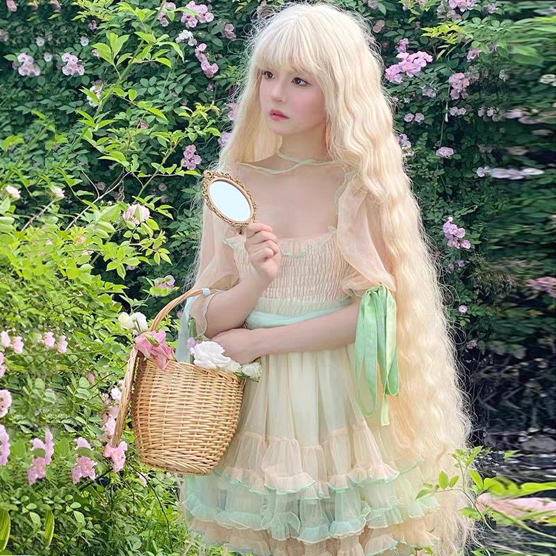 Parrucca Lunga Ondulata Riccia con Frangia Parrucche Rosa per Donne Costume Cosplay Sintetica 40 pollici Parrucca Lolita