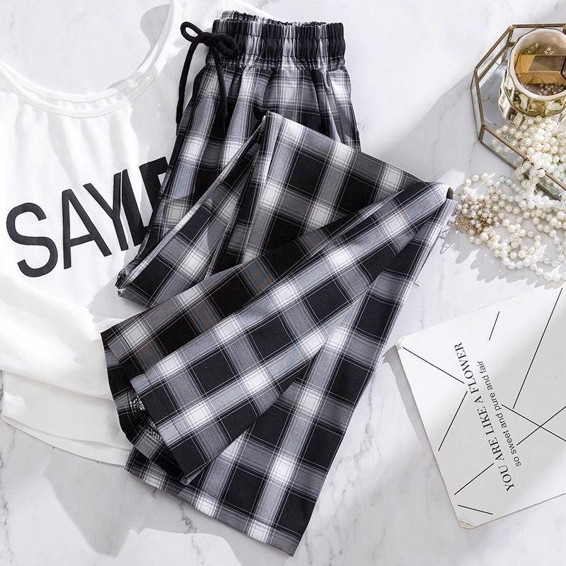

Большой размер Черно-белые клетчатые брюки палаццо из ледяного шелка для женщин - С высокой талией, свободного кроя, стройнящие, тонкие, летние, повседневные, прямые брюки 3XL