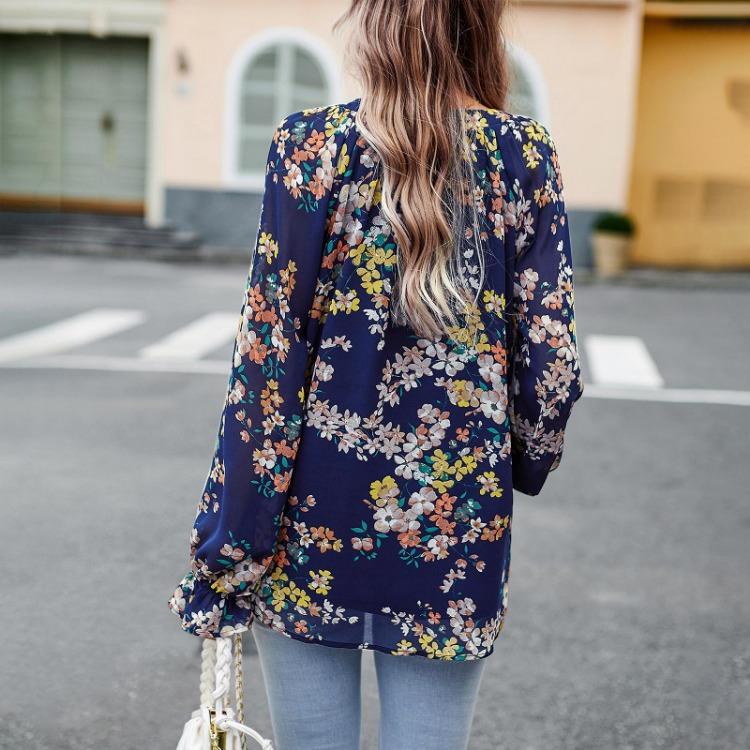Elegant Women Autumn Floral Blouse Button Tops Shirt V Neck Lantern Sleeve