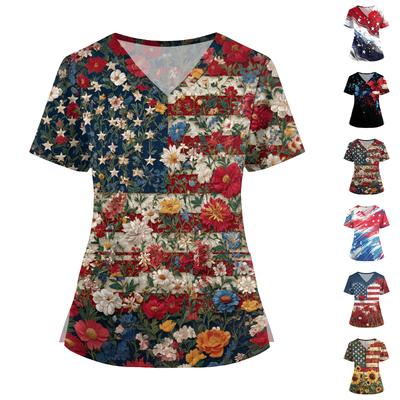 Damen Kurzarm V-Ausschnitt Kasack mit Sternenprint Lockerer Pullover Arbeitsuniformhemd für Gesundheitsberufe