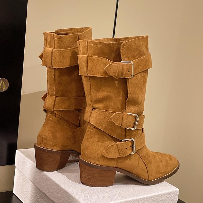 Aphixta 5cm Wooden Heel Mid-Calf Boots Women Big Size 42 Brown Westen Boot Pointed Toe Women's High Boots Botas Cowboy Mujer