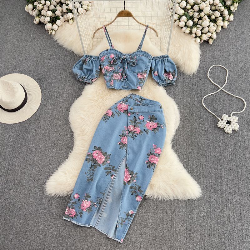 

Denim Sexy Chic Irregular Slit Fashion Suit Blue L