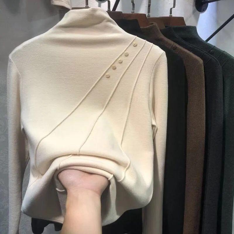 Nuovo Stile Primaverile Maglietta Calda a Collo Semi-alto Manica Lunga da Donna Stile Velluto Tedesco Vestibilità Aderente Top