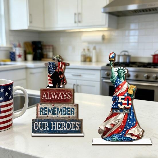 Independence Day Wooden Table Sign, Patriotic Statue of Liberty Gnome Star Freedom Decor, Table Centerpiece for Holiday Party, Fourth of