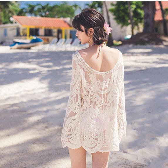Bikini blouse women's summer seaside vacation hot spring swimsuit jacket hollow lace loose sun protection beach