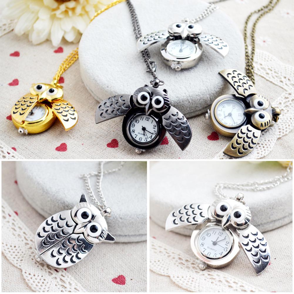 New Fashion Cute Flip Style Small Owl Necklace Hanging Watch Keychain Cartoon Pocket Watch On Chain Pendant Birthday Gifts