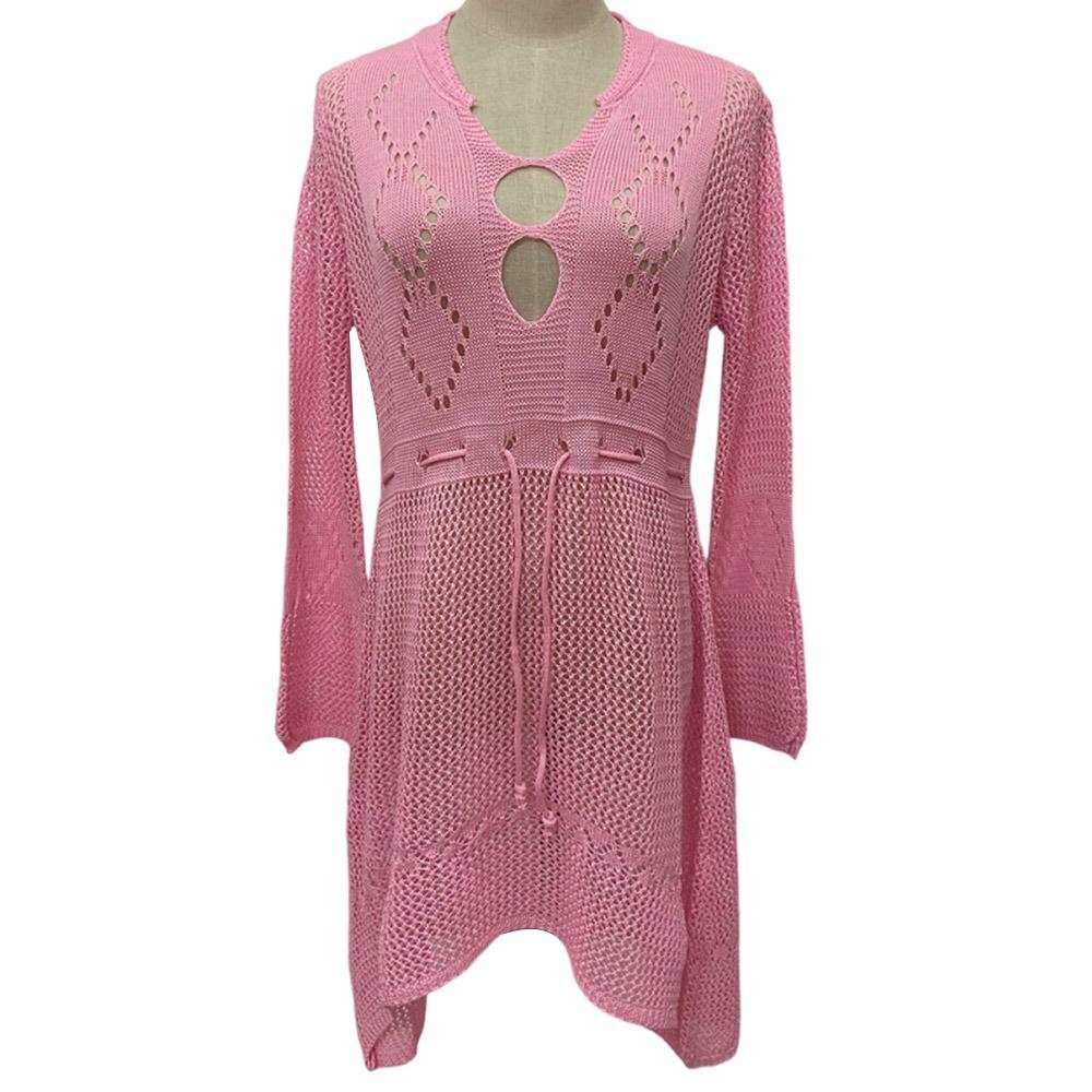Fashion V Neck Summer Sunscreen Smock Knitted Hollow Out Swimsuit Cover Up Dress Loose Bathing Suit Swim Dress for Women