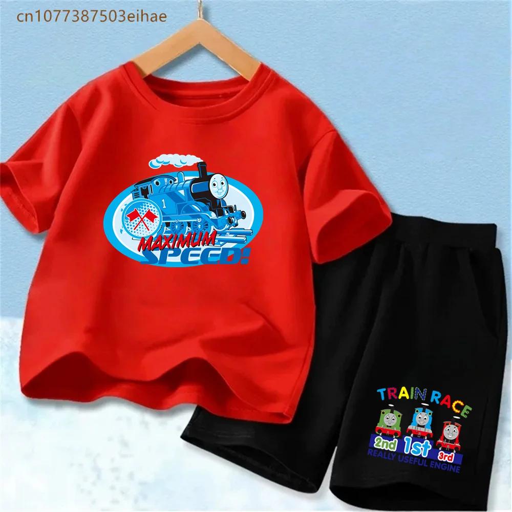 Kids Thomas Train Head Cartoon Summer Set Soft Polyester Short Sleeve T-shirt Match Breathable Shorts 2Pcs Casual Comfortable