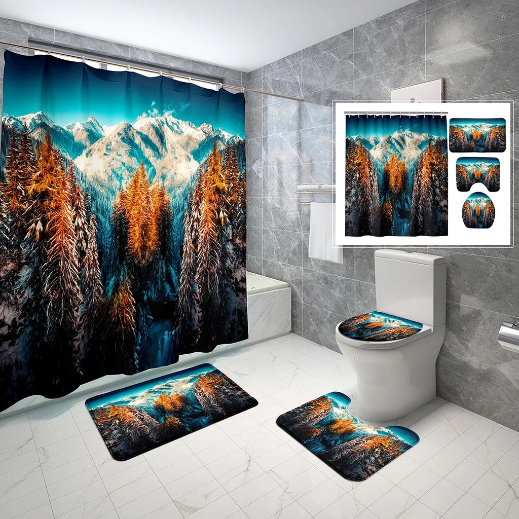 Snow Mountain Shower Curtain Set Waterproof Winter Natural Scenery Shower Curtain With Hook Non-Slip Bath Mat Toilet Lid Cover