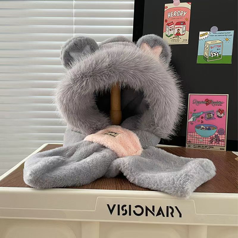 

Плюшевая милая шапка-медвежонок для девочки, зимняя теплая и утолщенная, комплект из двух частей, шарф для шеи, защита ушей, шарф-интегрированная плюшевая шапка