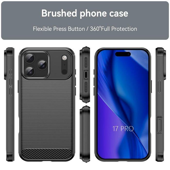 Coque pour iPhone 17 Pro - BOOLING - Silicone Souple Motif Fibre Carbone Noir - 2 Verres Trempés