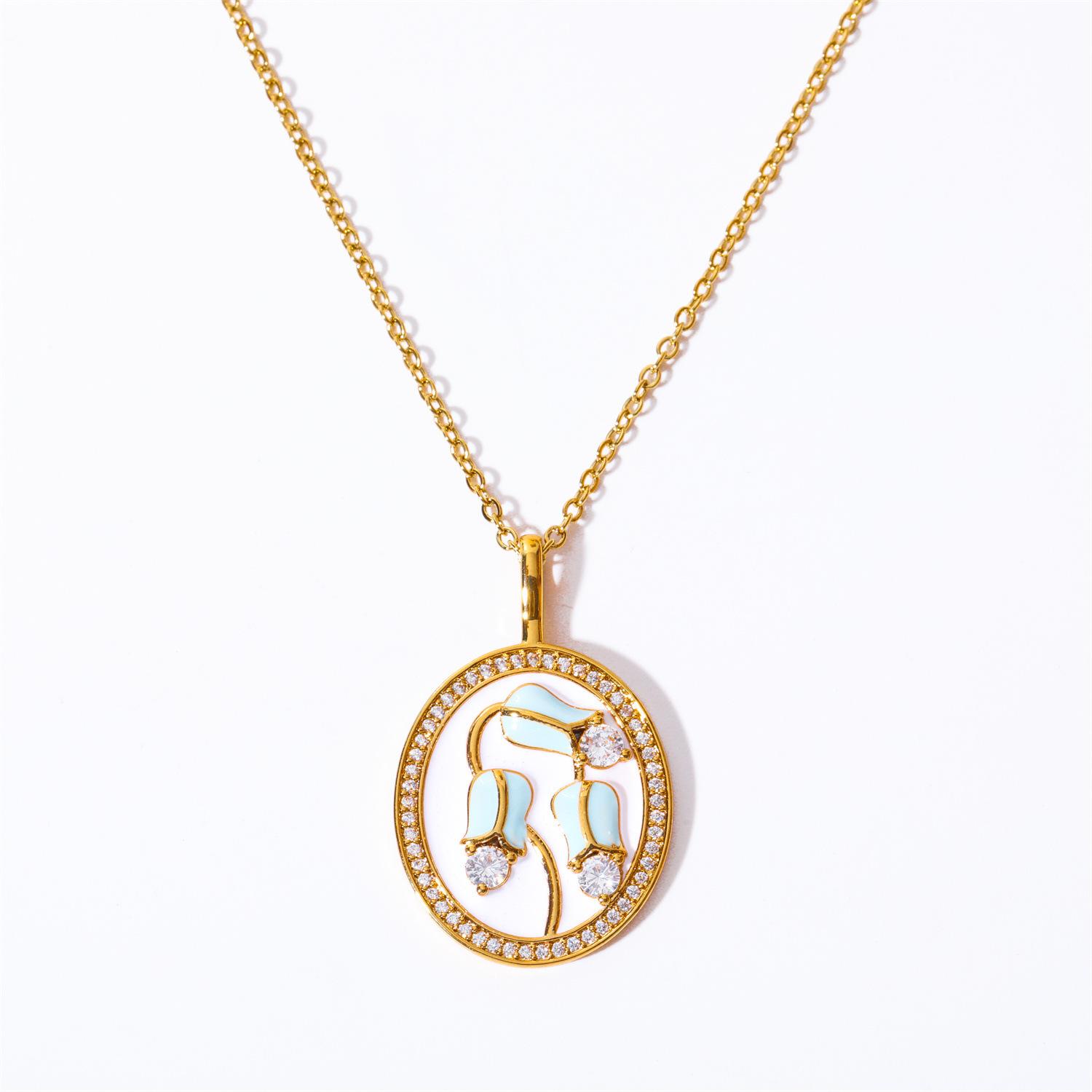 Blue Tulip Oval Pendant Necklace Femininity Vintage Pendant Jewelry Fashion Inlay