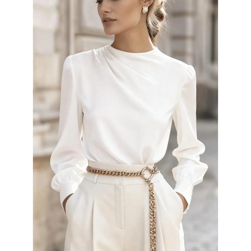 Commuting Simple Pleated High Collar Lantern Sleeve Shirt Top for Women