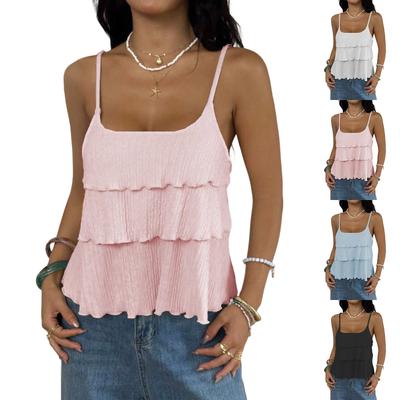 Women’s Sleeveless Tiered Ruffle Tank Top Casual Loose Fit Square Neck Lightweight Layered Camisole for Summer