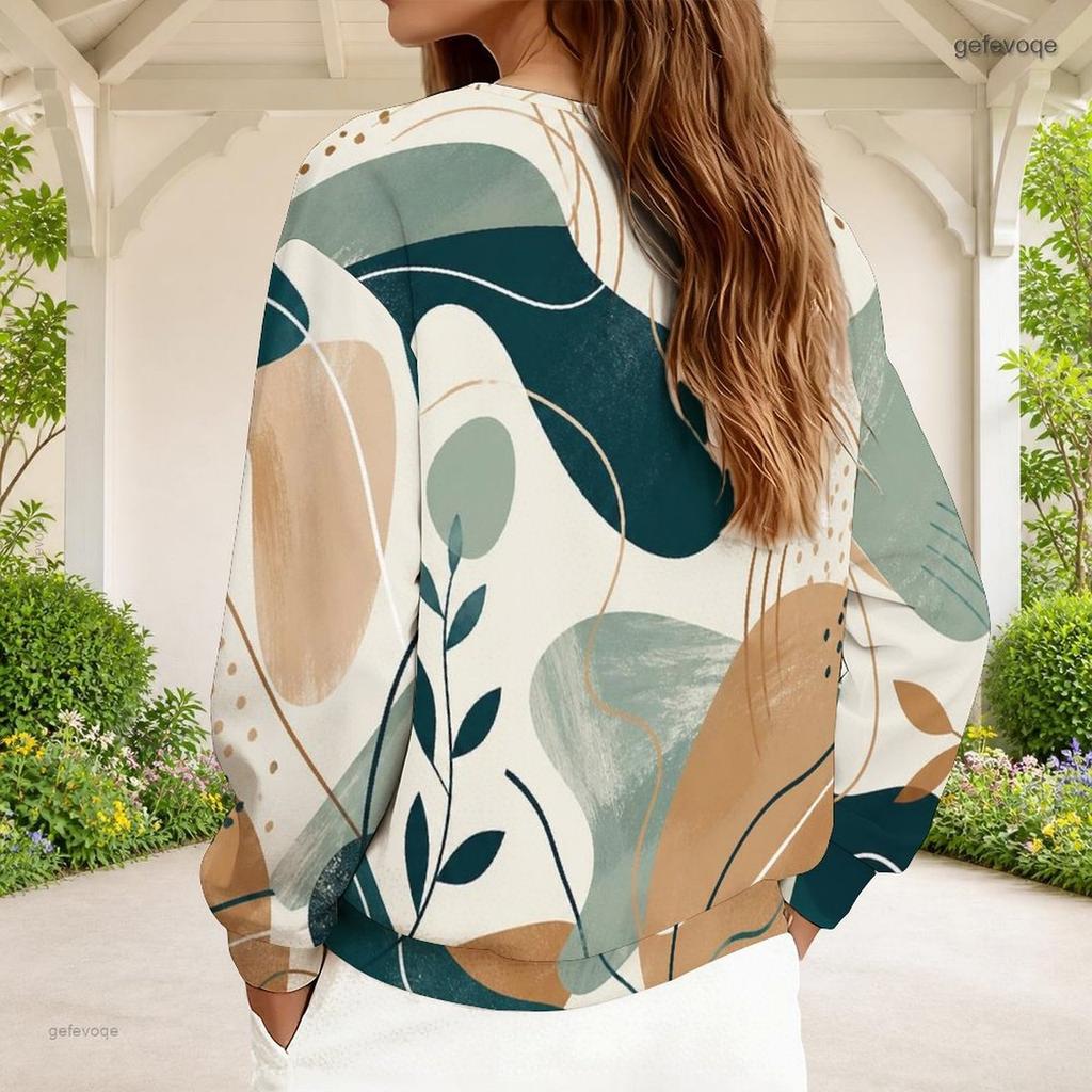 Women Plus Size Abstract Printed V Neck Front Zip Long Sleeve Ribbed Cuffs Black Khaki Sweatshirt