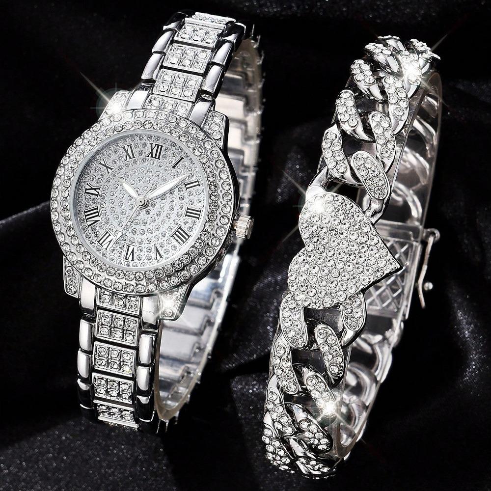 Ladies Watch Set, Steel Belt Full of Diamonds, High-end Quartz Watch Temperament, Business Leisure Watch Wholesale