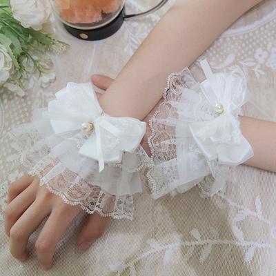 White Flower Lace Pearl Bow Fake Flared Sleeves Bracelet Sweet Girl Wristband Layer Detachable Cuff Cosplay Ornament