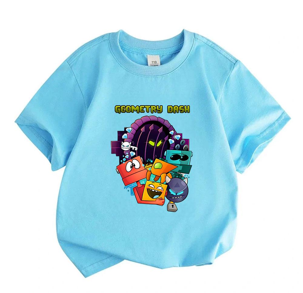 Kids Boys Girls Crew Neck Short Sleeve 100% Cotton T-Shirt, Cute Geometric Dash Cartoon Character Printed Casual Soft Breathable Summer Tops for Child
