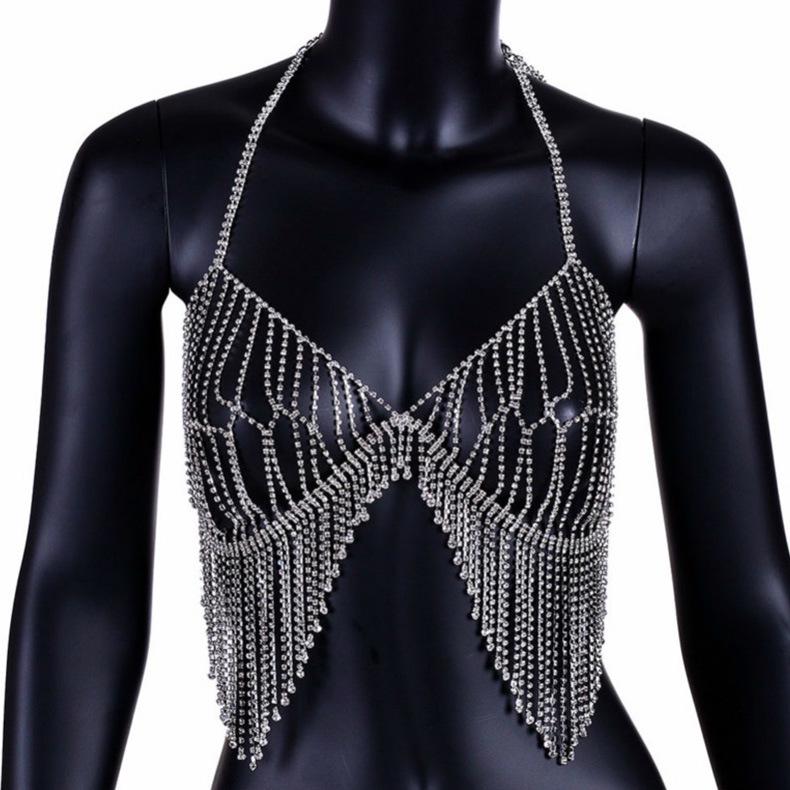 Diamond-Studded Tassel Body Chain Sexy Beach Bikini Chest Chain Fashion Statement Jewelry серебряный