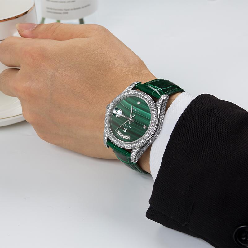 START-Malachite Men's Watch Diamond Watch Date Function Automatic Mechanical Watch Butterfly Buckle Alligator Leather Strap