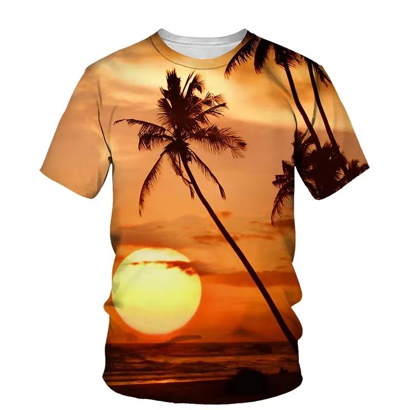 Coconut Plant 3D Printing T-shirts Vacation Sunset Short Sleeves Outdoor Street Summer Round Neck Men's and Women's Unisex T-shirts
