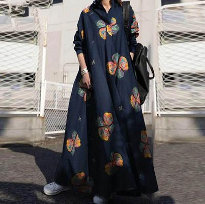 Women's Printed Shirt Long Dress with Round Neck, Retro Long-sleeved Plate-sized Dress