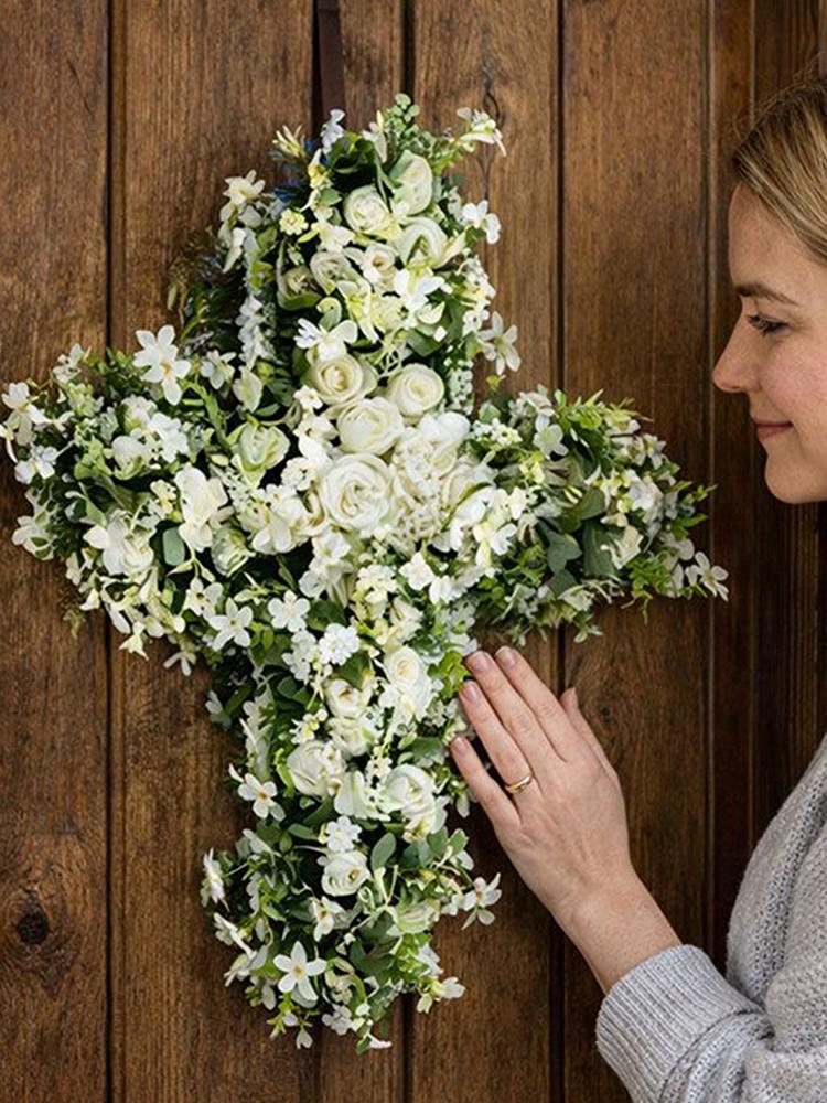 Easter Cross Wreaths for Front Door Faith-Based Artificial Spring Decoration Cross Front Door Wreath for Spring Outdoor Porch