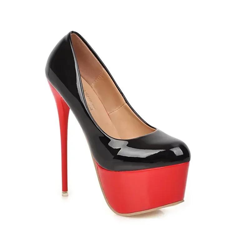 Fashion Women Sexy Thin High Heels 16cm Pumps Black Patent Leather Fashion Heels for Women Platform Wedding Nightclub Party Dress Shoes