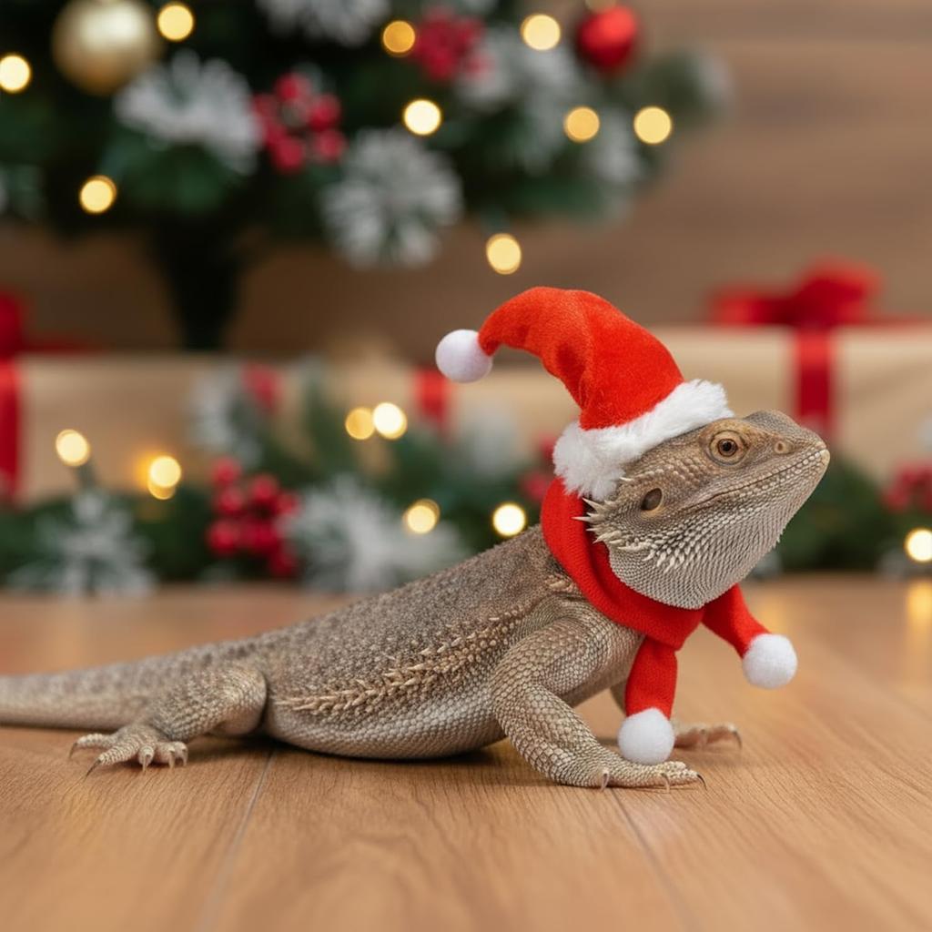 Reptile Christmas Costume: Bearded Dragon Santa Hat & Scarf Set with Adjustable Chin Strap for Lizards, Ferrets