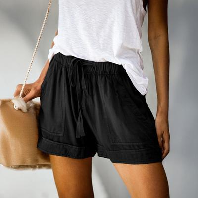 Women Casual Shorts Adjustable Drawstring Elastic Waist Wide-Leg Shorts with Pockets Solid Color
