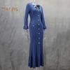Spring Fall Women Dress Button Decor V Neck Knitted Long Sleeves Slim Fit Patchwork Fishtail Hem Solid Color Stretchy Maxi Dress