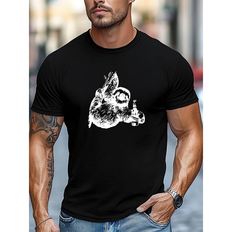 Plus-size Men's T-shirt, Simple and Clean, Minimalist and Stylish, Men's Sloth Holding a Bottle Graphic Summer Casual Crew Neck Short Sleeve T-shirt