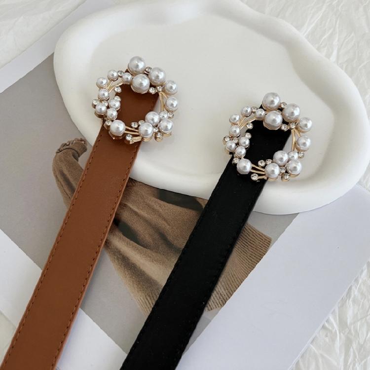 Luxurious Waist Belt with Pearl Circle Pin Buckle for Woman Jeans Skirt Decors