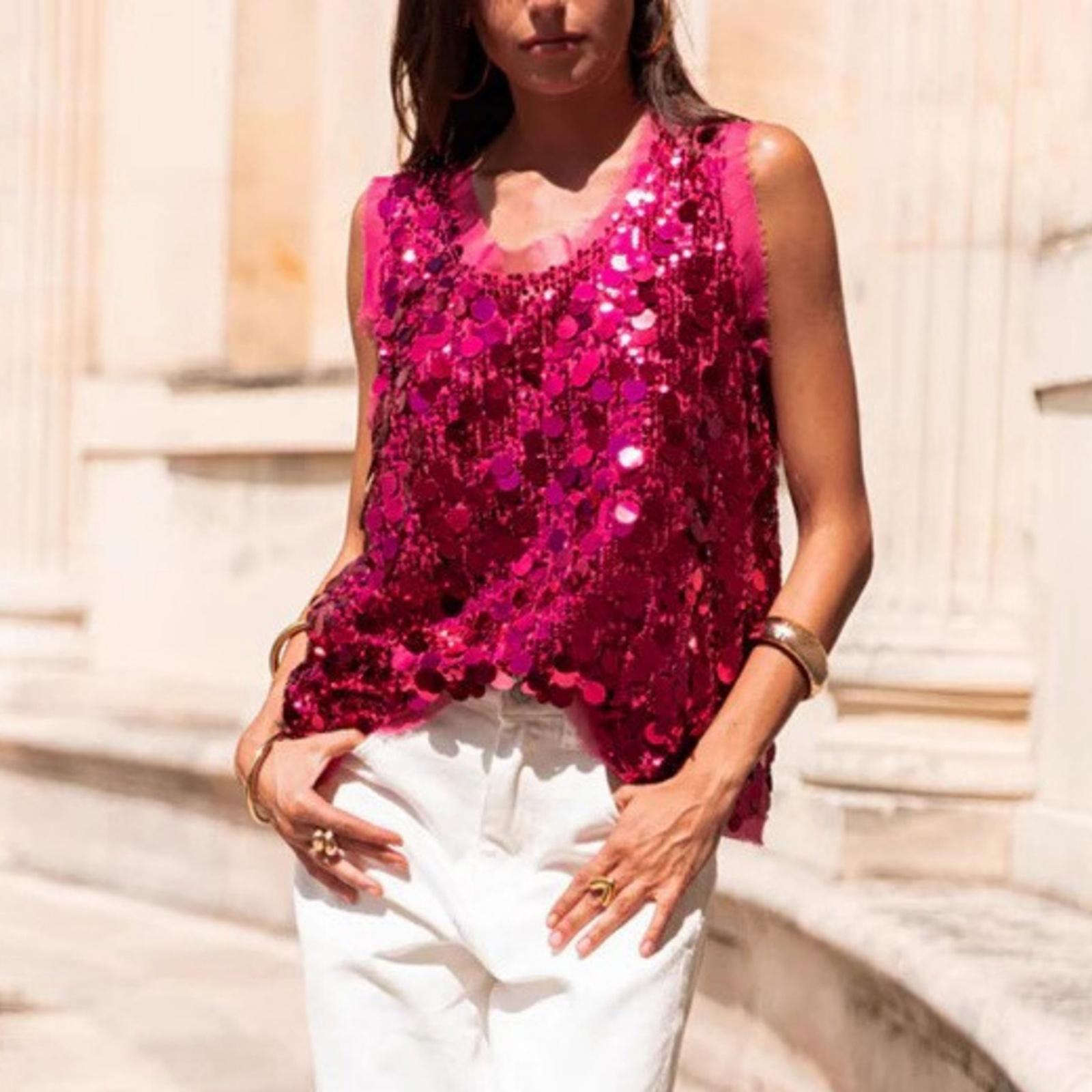 Damen Pailletten Weste Ärmellos, Glänzend Und Sexy, Sommer Strand Party Top, Lässiges Rundhals Ärmelloses Top XL multi