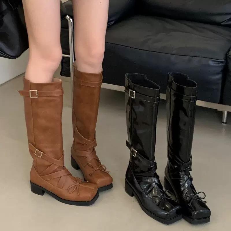 Calf High Square Head Ballet Flat Heel Long Boot Women'S Knight Boot Leather Version Over Knee Fashion Boot Rubber Sole