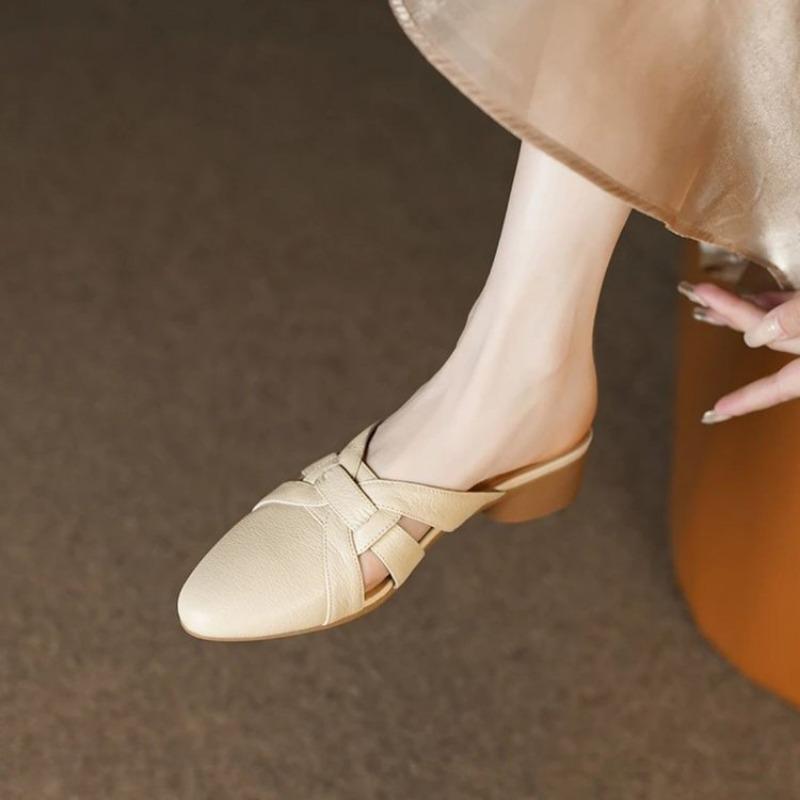 Summer Mules Genuine Leather Women Slippers Mid Block Heels Square Closed Toe Black Apricot Beige Sexy Party Shoes