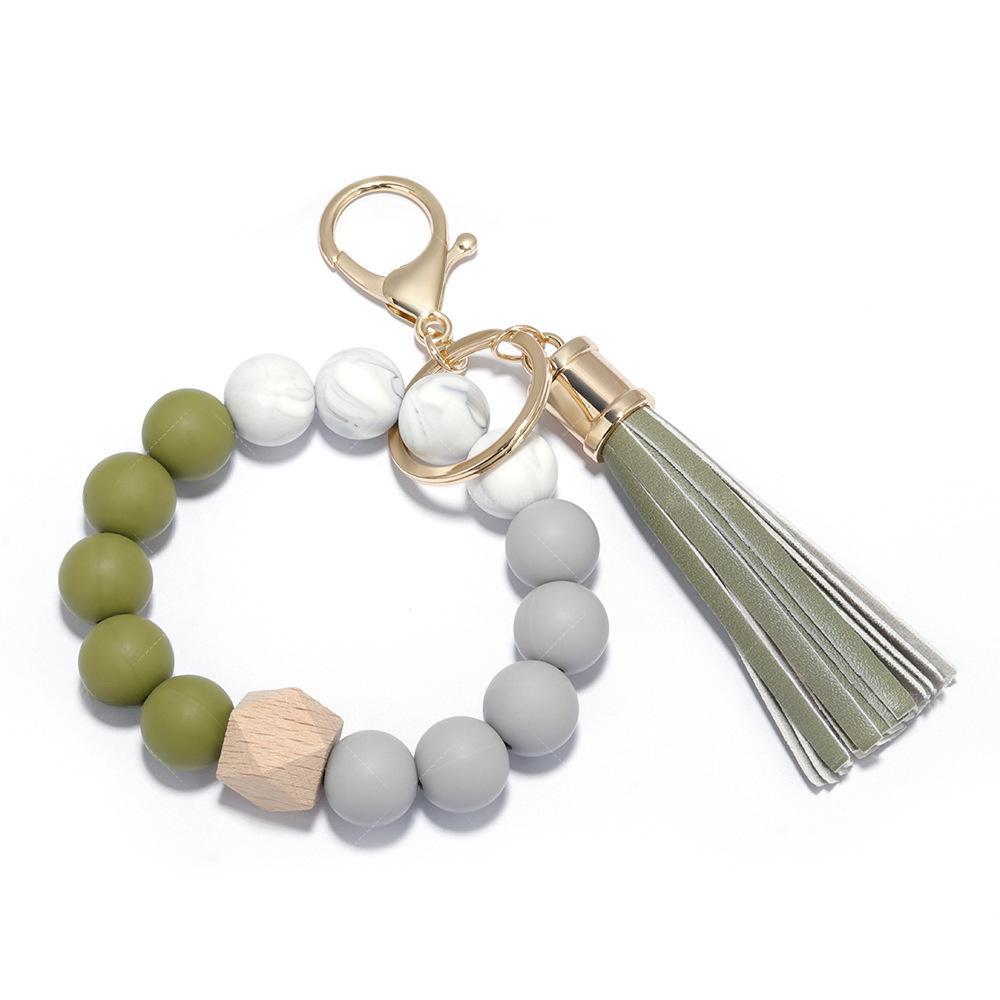 Elegant Silicone Bead Keychain Bracelet with Leather Tassel - Women's European and American Style