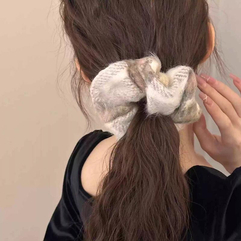 Elegant Plush Soft Wide Scrunches For Women Girls Sweet Ponytail Hair Tie Autumn Winter Checkered High Elasticity Hair Band Gift