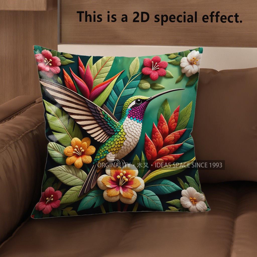 2D Tropical Hummingbird Floral Throw Pillow Covers Pattern Cushion Cover Suitable For Sofa Bedroom Car Pillow Cover