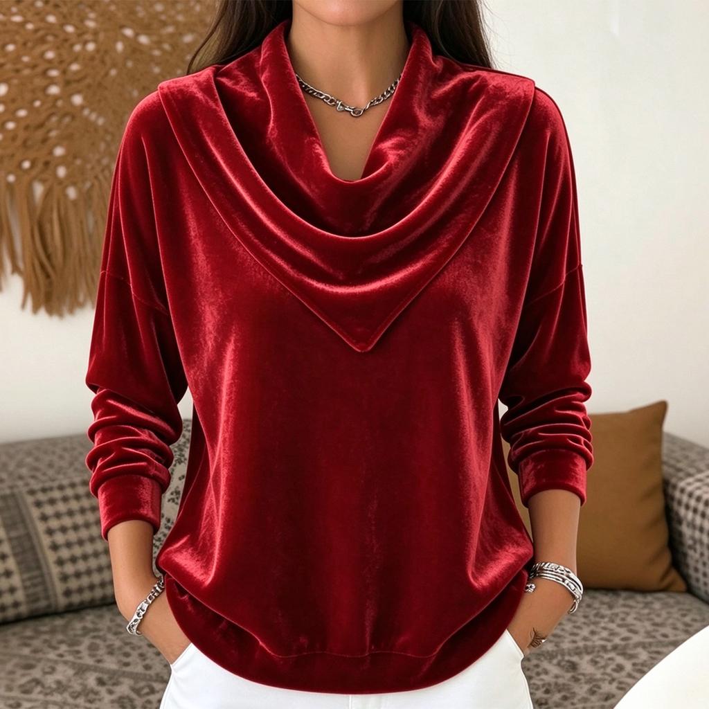 Women's Fashion Velvet Cowl Neck Long Sleeve Top, Loose Fit
